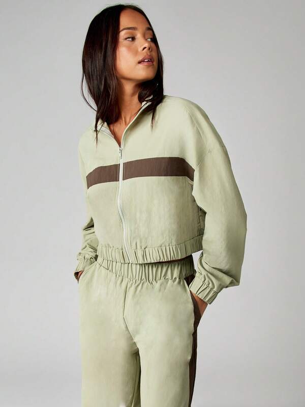 missguided MISSGUIDED Cropped Color Block Track Jacket With Elastic Waist And Stand Collar