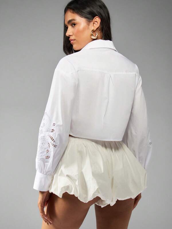 Missguided MISSGUIDED Cropped Cotton Blouse With Broderie Anglaise Sleeves And Tie Front