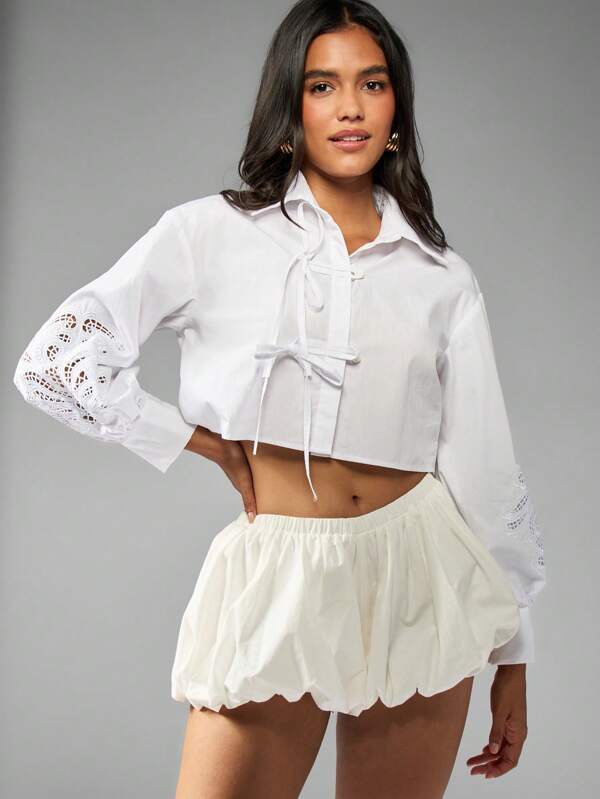 missguided MISSGUIDED Cropped Cotton Blouse With Broderie Anglaise Sleeves And Tie Front