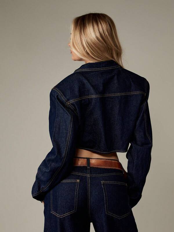 Missguided MISSGUIDED Cropped Dark Wash Denim Jacket With Shoulder Pads