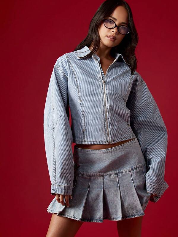 missguided MISSGUIDED Cropped Denim Jacket With Balloon Sleeves And Zip Front