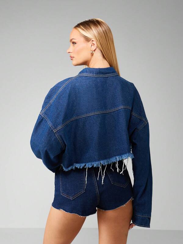 Missguided MISSGUIDED Cropped Denim Jacket With Raw Hem And Chest Pockets