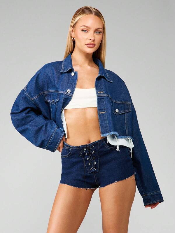 Missguided MISSGUIDED Cropped Denim Jacket With Raw Hem And Chest Pockets