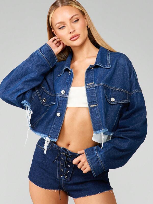 missguided MISSGUIDED Cropped Denim Jacket With Raw Hem And Chest Pockets