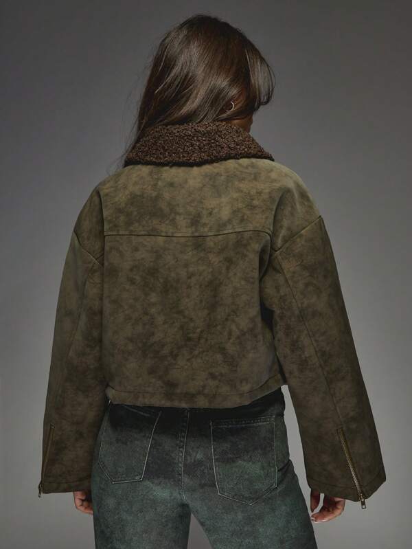 Missguided MISSGUIDED Cropped Designer Suede Bomber Coat With Sherpa Collar