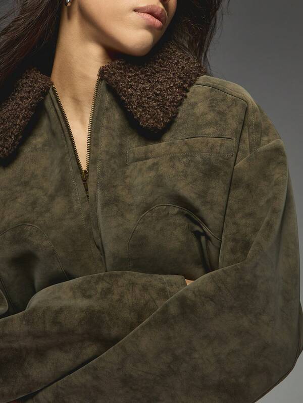 Missguided MISSGUIDED Cropped Designer Suede Bomber Coat With Sherpa Collar