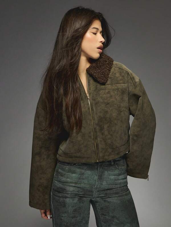missguided MISSGUIDED Cropped Designer Suede Bomber Coat With Sherpa Collar