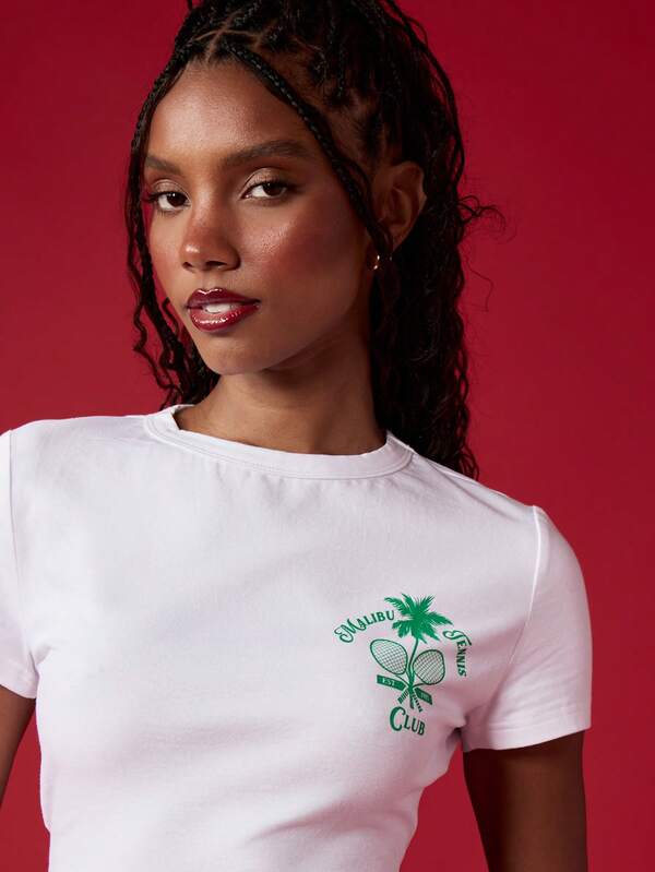 Missguided MISSGUIDED Cropped Fitted T-Shirt Palm Tree Design