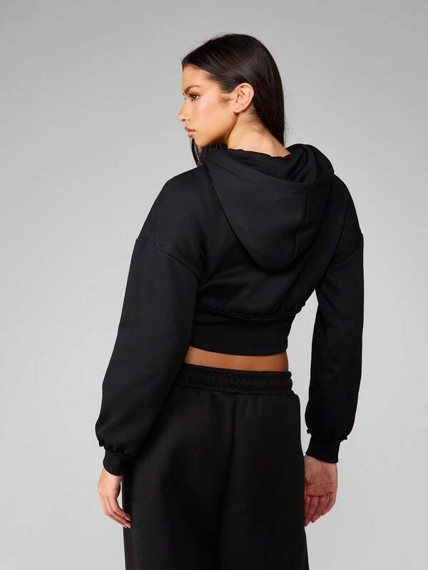 Missguided MISSGUIDED Cropped Full Zip Hooded Sweatshirt With Text Print