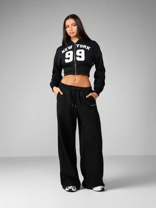 Missguided MISSGUIDED Cropped Full Zip Hooded Sweatshirt With Text Print