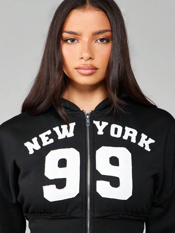 Missguided MISSGUIDED Cropped Full Zip Hooded Sweatshirt With Text Print