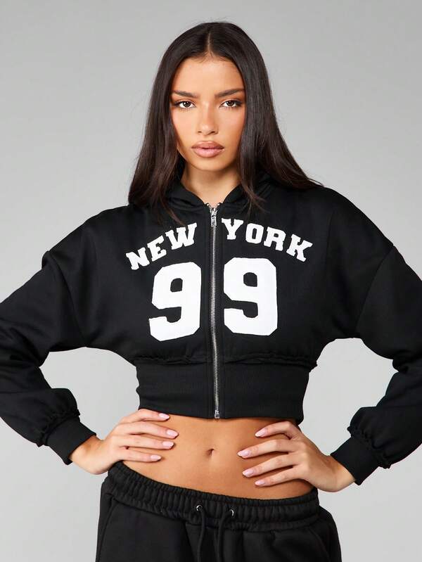 missguided MISSGUIDED Cropped Full Zip Hooded Sweatshirt With Text Print