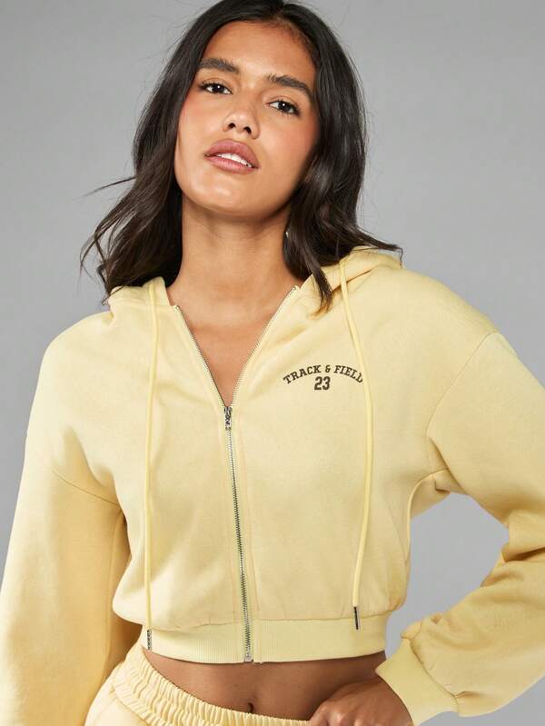 Missguided MISSGUIDED Cropped Full Zip Hoodie With Drawstring And Varsity Print