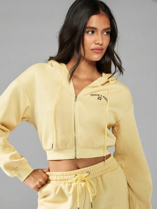 missguided MISSGUIDED Cropped Full Zip Hoodie With Drawstring And Varsity Print