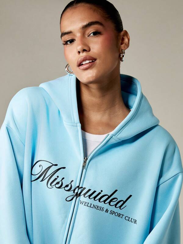 Missguided MISSGUIDED Cropped Full Zip Hoodie With Front Logo Print
