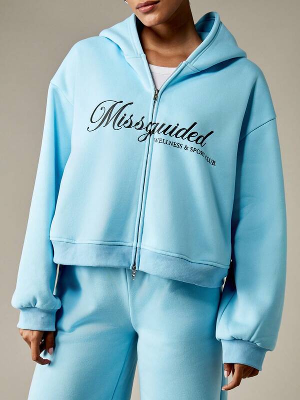 missguided MISSGUIDED Cropped Full Zip Hoodie With Front Logo Print