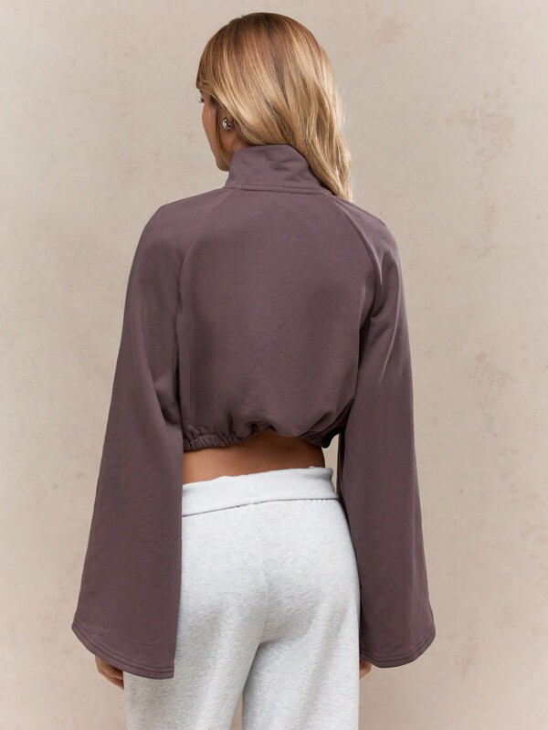 Missguided MISSGUIDED Cropped Half Zip Bell Sleeve Sweatshirt