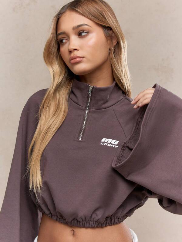 Missguided MISSGUIDED Cropped Half Zip Bell Sleeve Sweatshirt