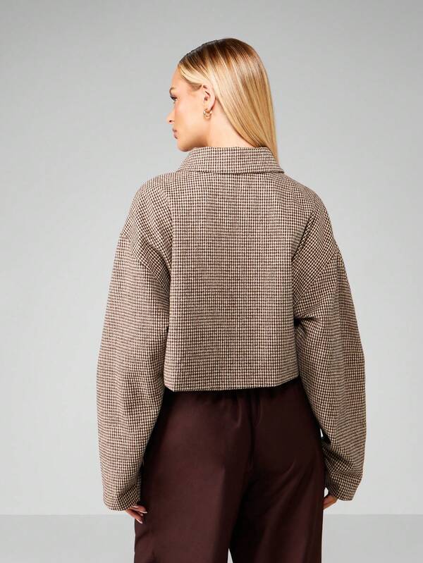 Missguided MISSGUIDED Cropped Houndstooth Pattern Jacket With Puff Sleeves