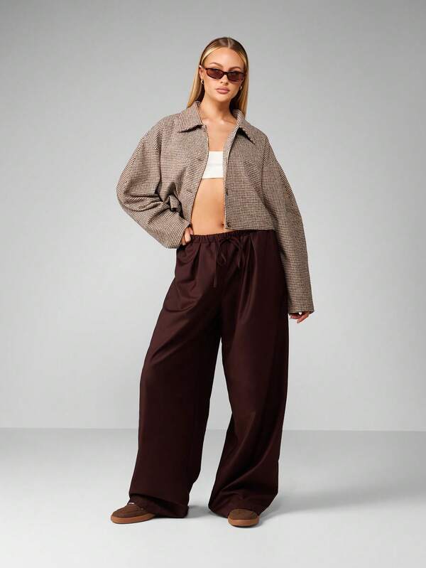 Missguided MISSGUIDED Cropped Houndstooth Pattern Jacket With Puff Sleeves