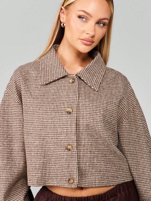 Missguided MISSGUIDED Cropped Houndstooth Pattern Jacket With Puff Sleeves