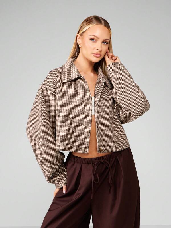 missguided MISSGUIDED Cropped Houndstooth Pattern Jacket With Puff Sleeves