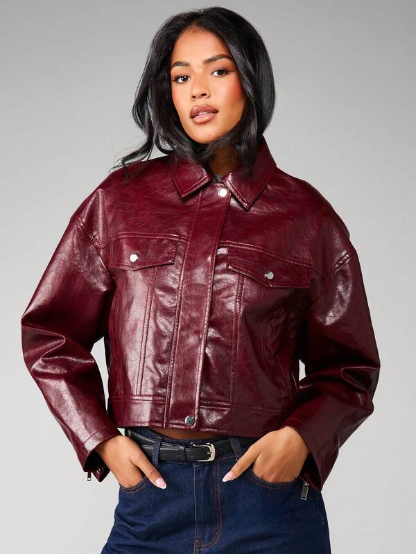 Missguided MISSGUIDED Cropped Leather Jacket With Chest Pockets