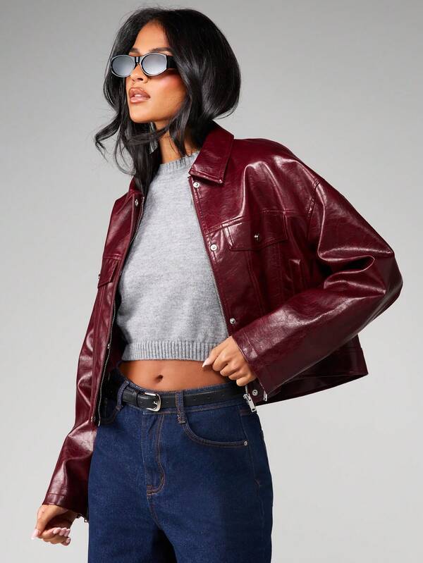 missguided MISSGUIDED Cropped Leather Jacket With Chest Pockets