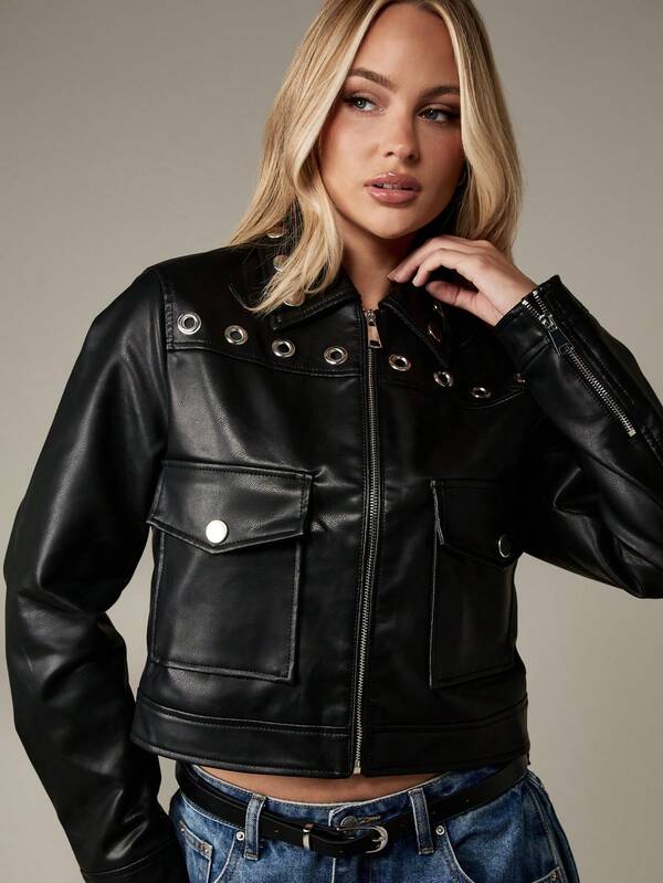 missguided MISSGUIDED Cropped Leather Jacket With Grommet Collar And Utility Pockets