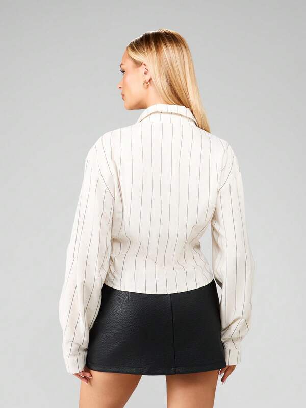 Missguided MISSGUIDED Cropped Pinstripe Jacket With Front Zip And Collar