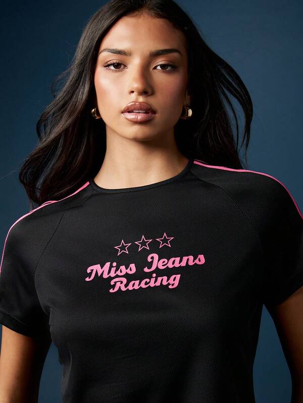 Missguided MISSGUIDED Cropped Racing T-Shirt With Number Graphics And Pink Stripes