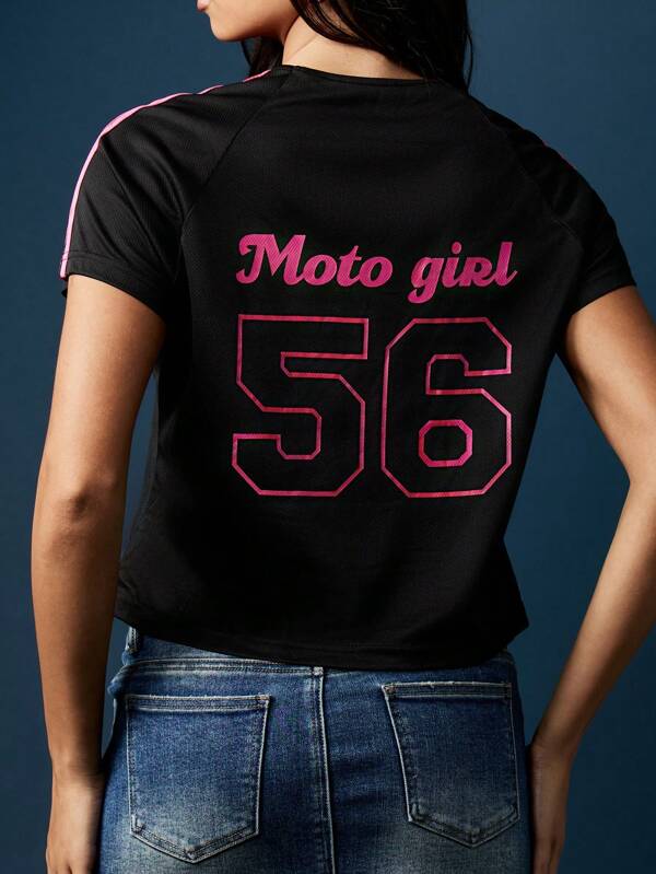 missguided MISSGUIDED Cropped Racing T-Shirt With Number Graphics And Pink Stripes