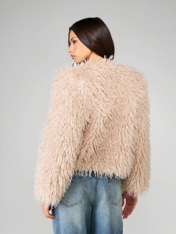 Missguided MISSGUIDED Cropped Shaggy Long Hair Faux Fur Jacket