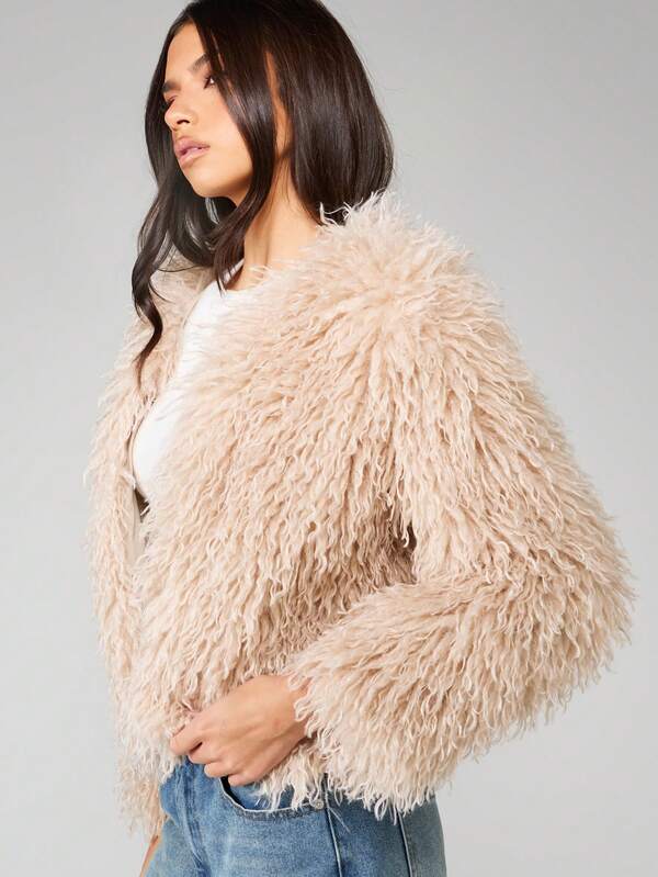 Missguided MISSGUIDED Cropped Shaggy Long Hair Faux Fur Jacket
