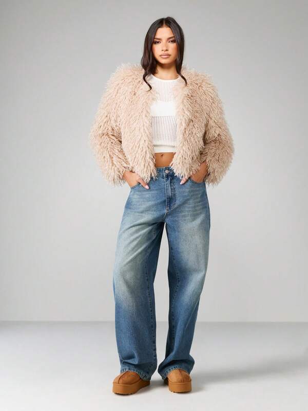 Missguided MISSGUIDED Cropped Shaggy Long Hair Faux Fur Jacket