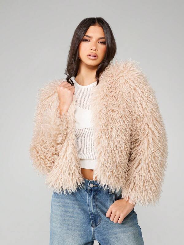 missguided MISSGUIDED Cropped Shaggy Long Hair Faux Fur Jacket