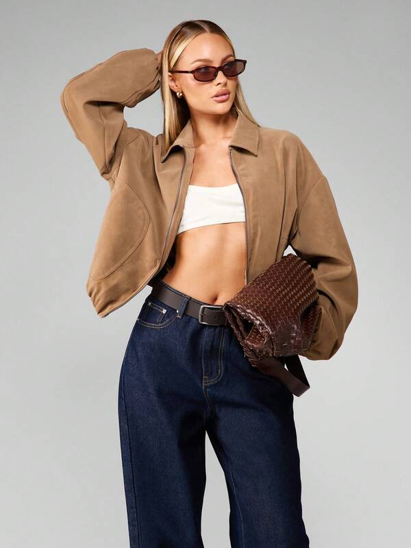 missguided MISSGUIDED Cropped Suede Bomber Jacket With Collar And Zip