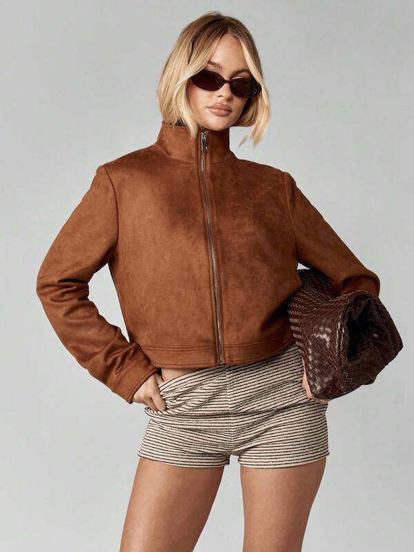 missguided MISSGUIDED Cropped Suede Bomber Jacket With Stand Collar