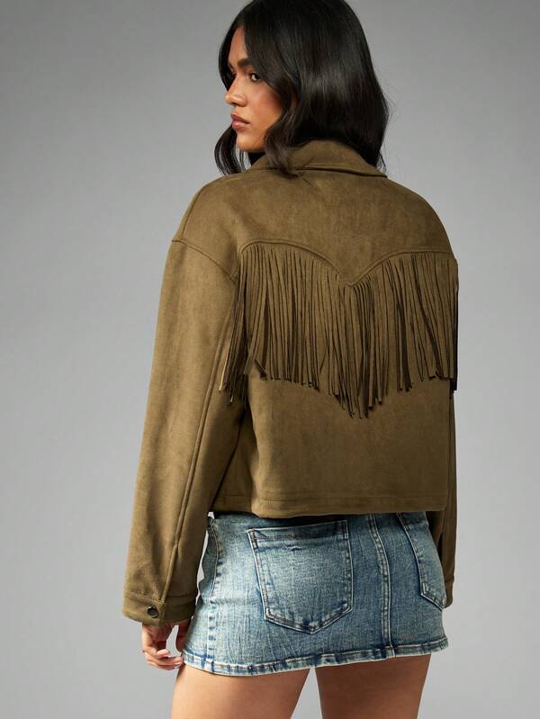 Missguided MISSGUIDED Cropped Suede Jacket With Fringe Detail And Snap Buttons