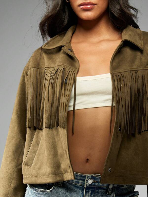 Missguided MISSGUIDED Cropped Suede Jacket With Fringe Detail And Snap Buttons