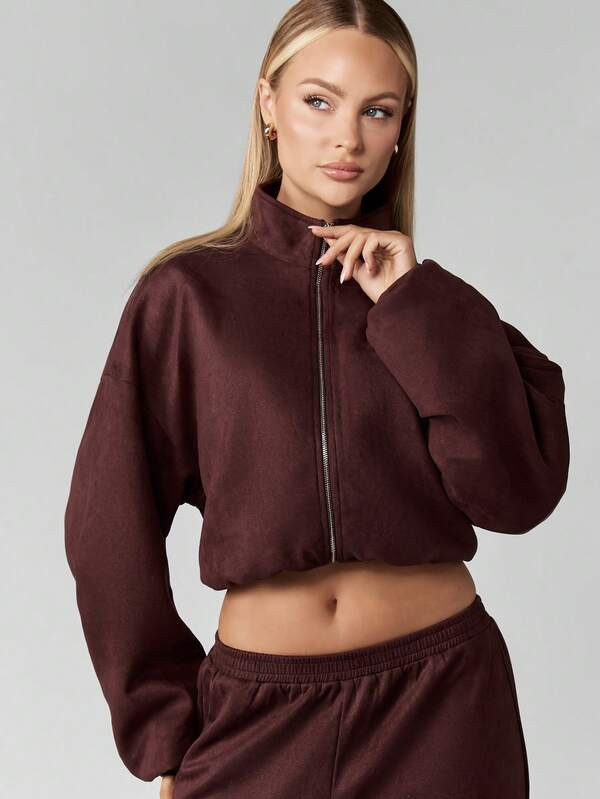 missguided MISSGUIDED Cropped Suede Jacket With Stand Collar And Zipper
