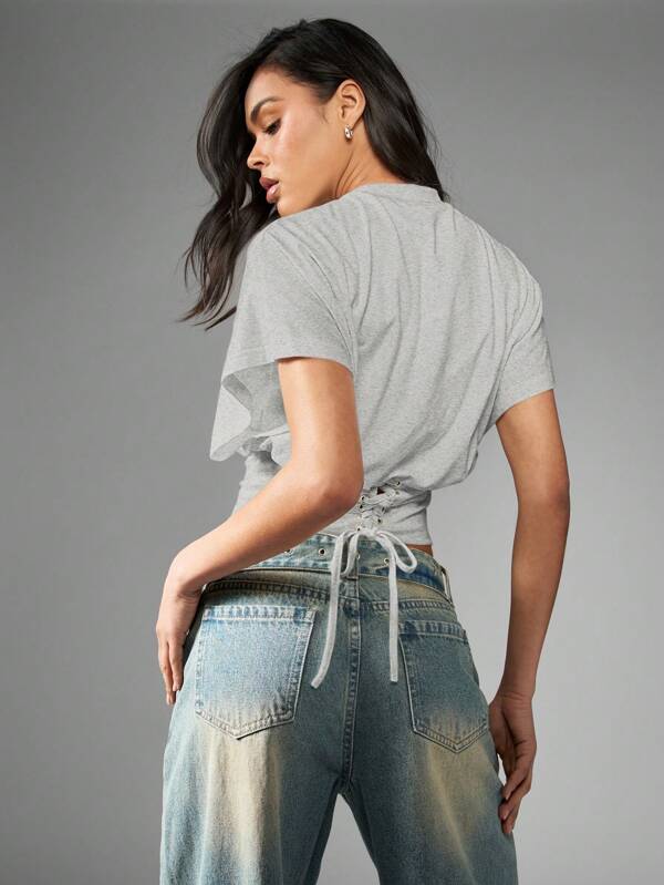 Missguided MISSGUIDED Cropped T Shirt With Corset Back Tie And Ruched Waist