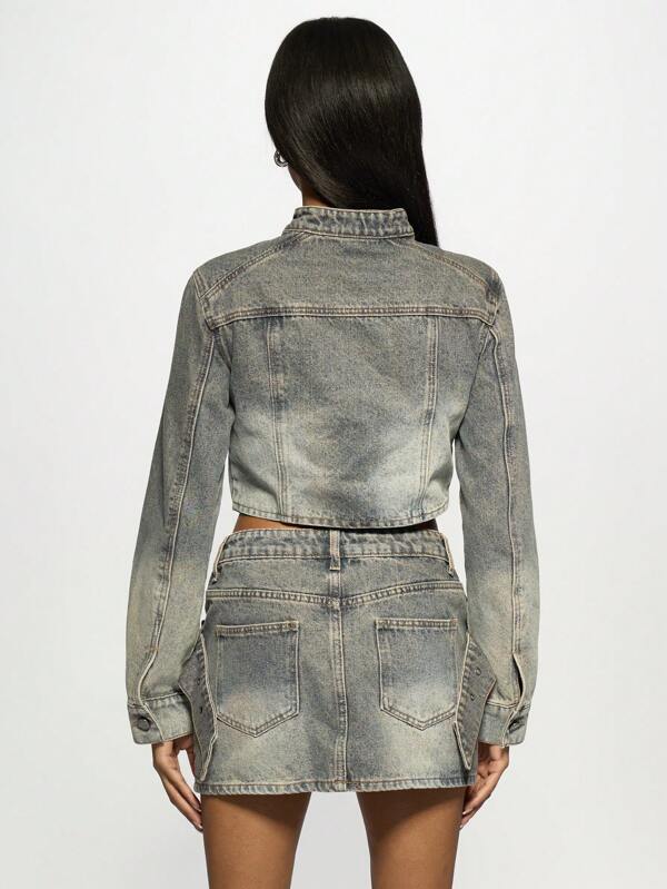 Missguided MISSGUIDED Cropped Vintage Biker Denim Jacket