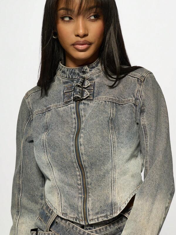 Missguided MISSGUIDED Cropped Vintage Biker Denim Jacket