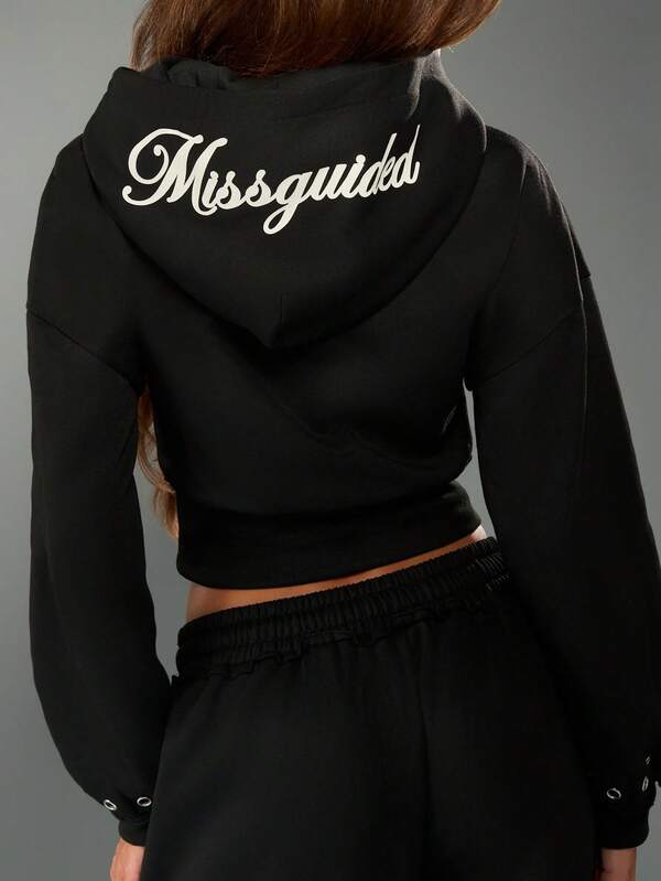 missguided MISSGUIDED Cropped Zip Hoodie With Eyelet Detail
