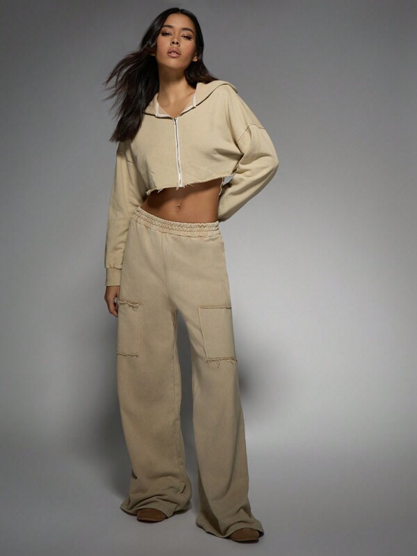 missguided MISSGUIDED Cropped Zip Hoodie With Wide Leg Joggers Set