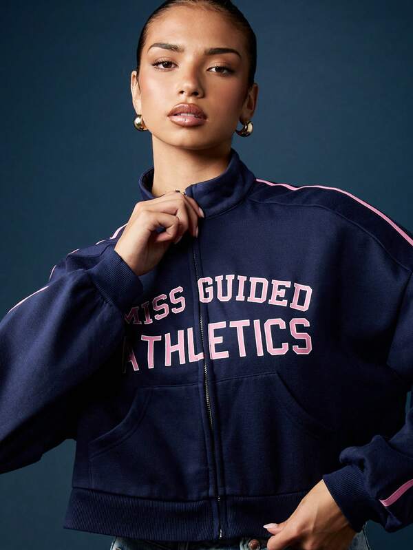 Missguided MISSGUIDED Cropped Zip Through Sweatshirt With Varsity Letters