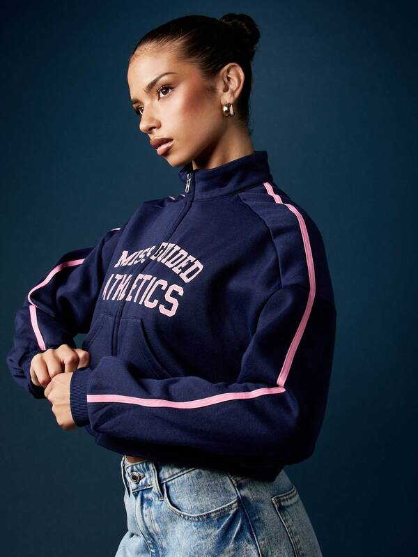 Missguided MISSGUIDED Cropped Zip Through Sweatshirt With Varsity Letters