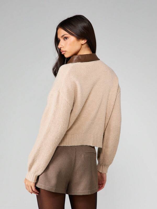 Missguided MISSGUIDED Cropped Zip Up Cardigan With Leather Collar