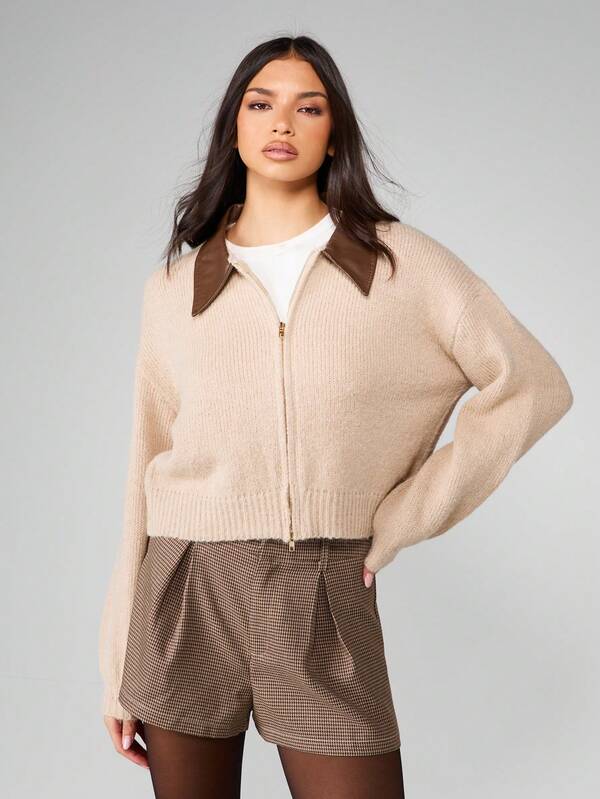 Missguided MISSGUIDED Cropped Zip Up Cardigan With Leather Collar